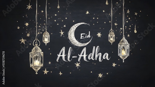 Festive Eid Al-Adha celebration background with hanging lanterns and crescent moon
