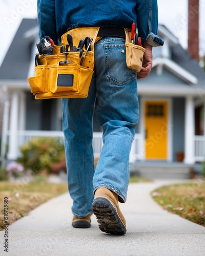 Construction Worker Walking Away from House with Tool Belt