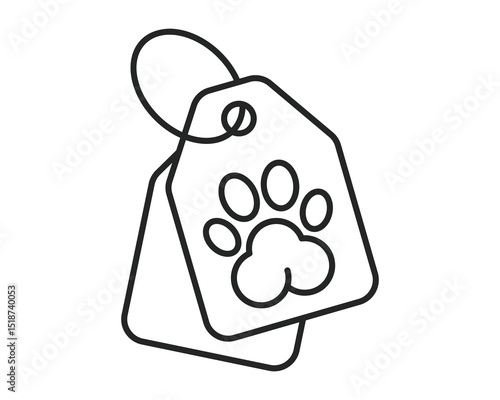 Minimalist line art illustration of two tags, one displaying a paw print, symbolizing pet care, animal adoption, or veterinary services. Modern, clean design.