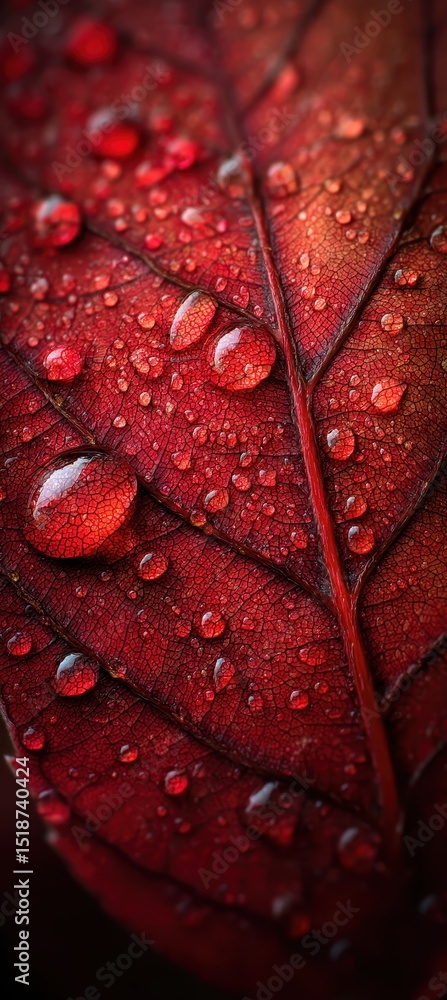 Fototapeta premium Close-up view of a vibrant red leaf covered in water droplets.
