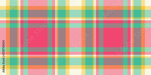 Vibrant and cheerful plaid pattern in summery colors.  Perfect for textile designs, website backgrounds, or playful branding. This seamless texture evokes feelings of joy and optimism.
