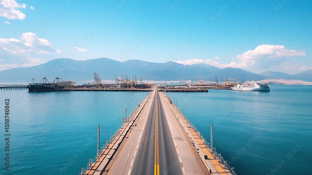 Aerial View of a Coastal Highway Leading to a Busy Port with Mountains in the Background Aerial View of a Coastal Highway Leading to a Busy Port with Mountains in the Background