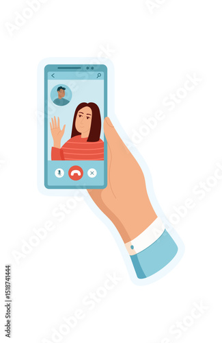 Sticker of hand holding phone shows a user using a smartphone for video call. This image displays person interacting with an app on the screen. It highlights the technology and communication