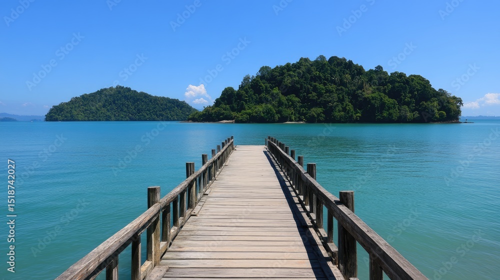 Obraz premium Empty wooden pier stretching into tranquil ocean waters with distant island on the horizon