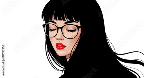 Stylish Brunette Woman with Closed Eyes and Red Lips Wearing Glasses