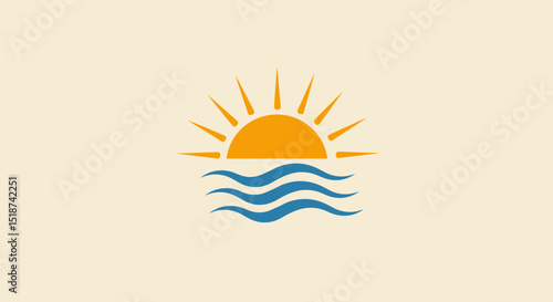 Stylized Sun Rising Over Three Blue Waves Illustration