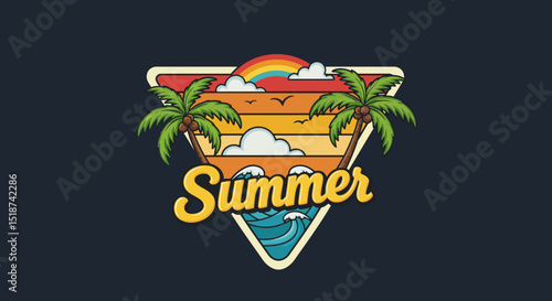 Summer themed design with palm trees rainbow waves and birds