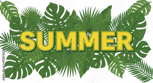 Summertime Tropical Leaves and Bold Yellow Text