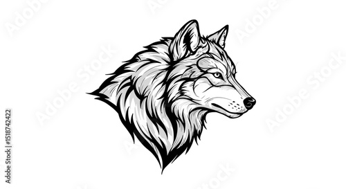 Detailed Black and White Illustration of a Wolfs Head