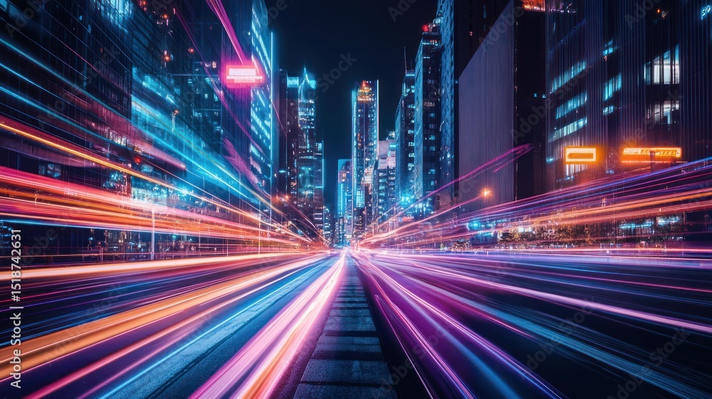 Obraz premium Night city lights streak across a road