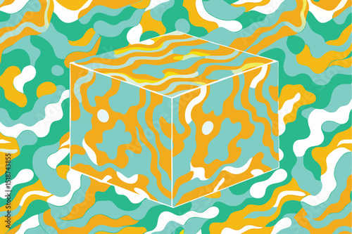 Abstract cuboid illusion with wavy pattern design and colorful artistic style