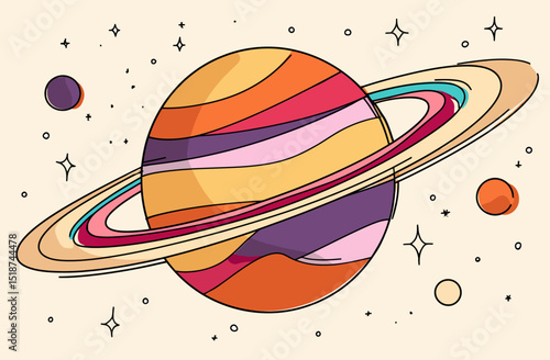Psychedelic Planet Abstract Cosmic Illustration with Rings and Stars