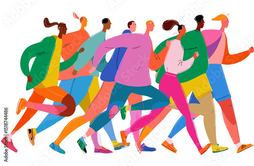 Colorful Abstract Illustration of Runners Diverse Group in Motion