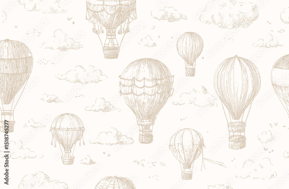 Naklejka premium Elegant Seamless Pattern Vintage Hot Air Balloons & Clouds