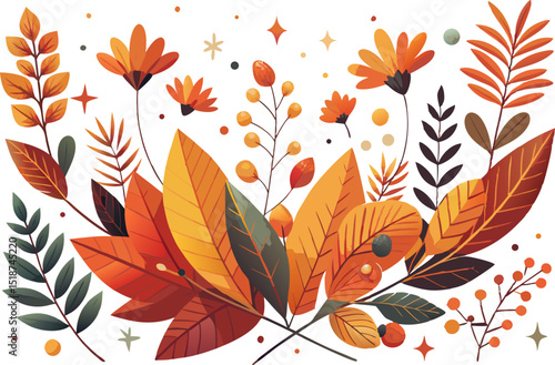 autumn leaves seamless pattern, A flower and leaf garland in warm autumn colors, botanical illustration  on white background