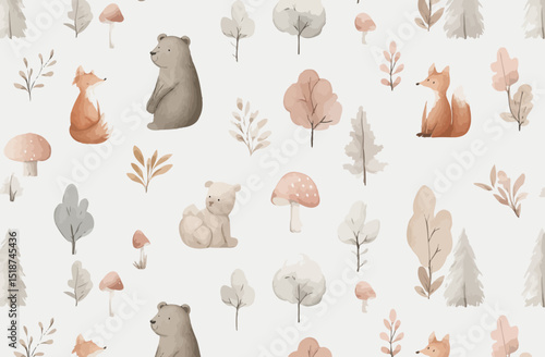 Adorable Woodland Creatures Seamless Pattern Watercolor Forest Animals Design