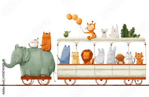 Adorable Animals Riding a Train Charming Children's Illustration