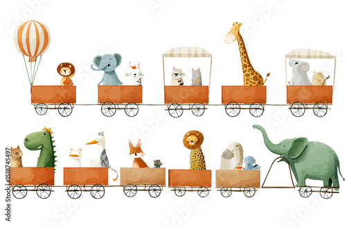 Adorable Animal Train Illustration Watercolor Style Vector Stock