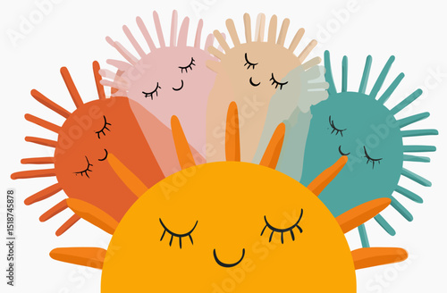 Boho Summer Sun Illustration Hand-Drawn Cute Sun with Smiling Characters