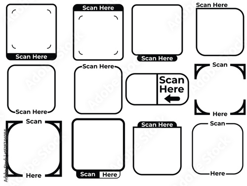 A QR code scanner templates element set. A diverse set of vector labels and banners, including black and white, speech bubble, and vintage designs, ideal for web, business, and concept illustrations