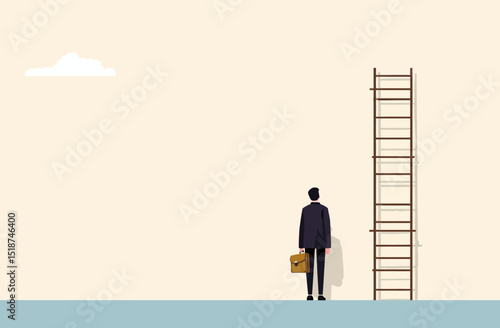 Challenge to Climb the Ladder of Success Businessman Facing a Tall Ladder