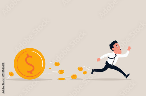 Businessman Chasing Rolling Coin Pursuit of Financial Success and Wealth