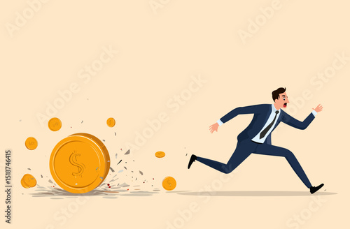 Businessman Chasing Crumbling Fortune High-Performance Pursuit & Financial Instability