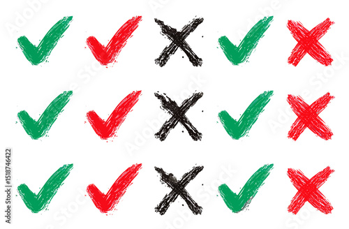 Hand-drawn Check Marks and Crosses Vector Set Green, Red, Black
