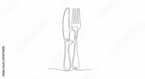 Desenho de linha contínua de um garfo e uma faca, ícone vetorial de uma única linha em fundo branco, disponível apenas em formato SVG, ideal para design de restaurantes