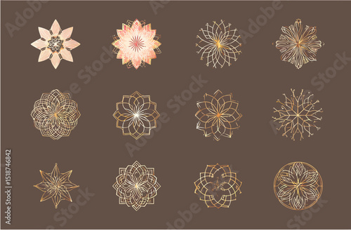 Elegant Gold and Pink Floral Mandala Designs A Collection of 12 Exquisite Ornaments