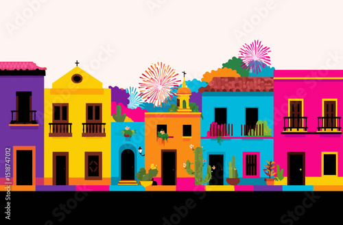 Vibrant Colorful Mexican Town Illustration Festive Architecture and Culture