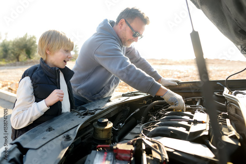 A middle-aged father and a preteen son work on a car during a road trip