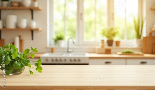 Smooth wooden table in front of sunlit kitchen window with vibrant herbs, soft shadows and bright white interior, ideal for product advertising