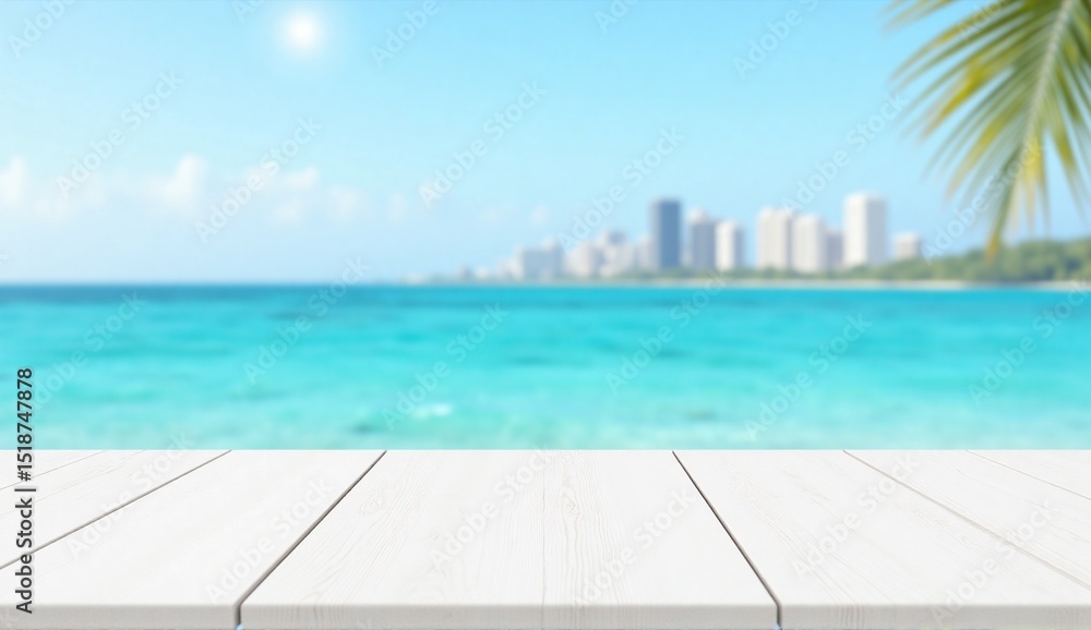 Fototapeta premium Whitewashed wooden table with blurred coastal city background, turquoise sea and blue sky, sunny clean setting for tropical summer product mockup