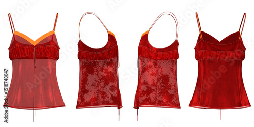 Red satin camisole with orange trim and floral pattern. Thin straps and gathered bust.