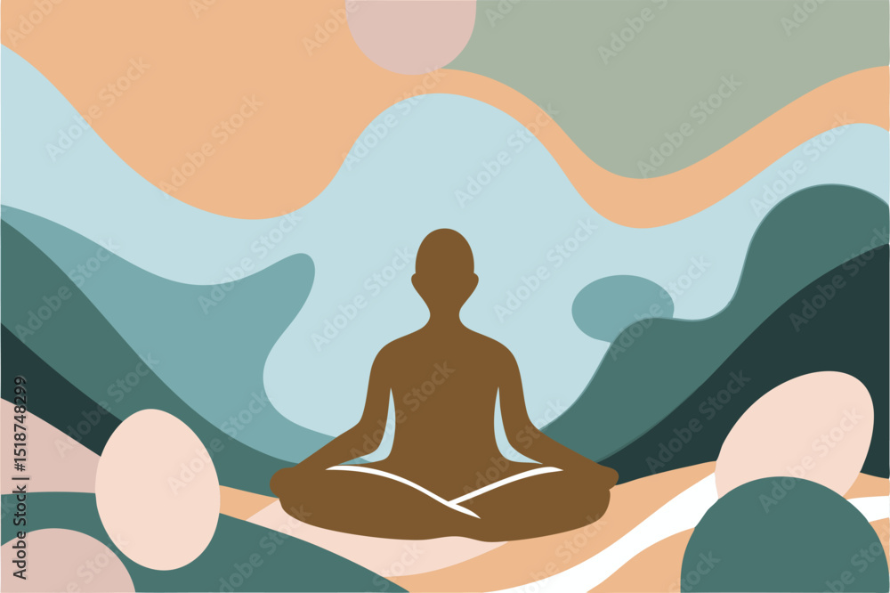 Meditative figure in lotus pose amidst abstract landscape with earth tones Meditative figure in lotus pose amidst abstract landscape with earth tones