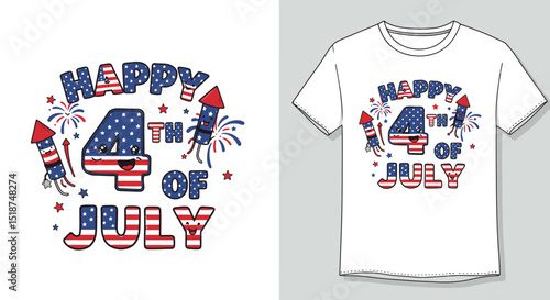 Patriotic happy 4th of july celebration with fireworks and usa flag themed design for t-shirt