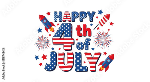 Festive colorful illustration celebrating the fourth of july with fireworks and rockets