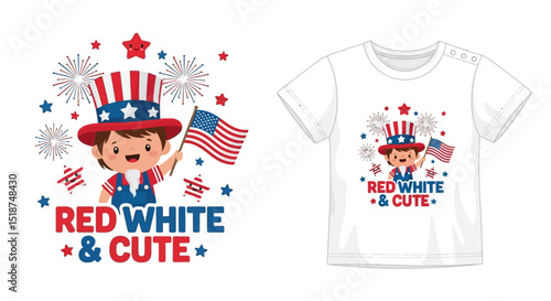 Cute child dressed in patriotic red white and blue holding american flag with fireworks and stars on t shirt design