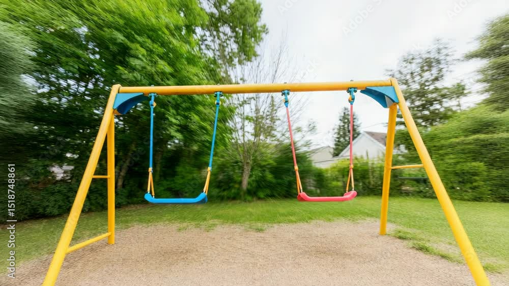 Two empty swings on colorful swing set in blurred playground scene Two empty swings on colorful swing set in blurred playground scene