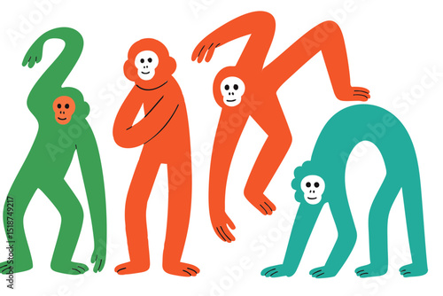 Monkey club illustration, colorful minimalist style, mid-century modern, childlike shapes, whimsical character design, no outlines, solid colors, stylized proportions