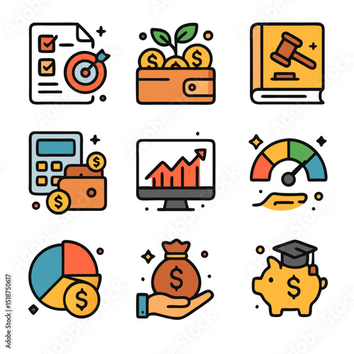 Financial Icons: A collection of colorful financial icons representing various aspects of finance, investment, and business, offering a visually appealing representation of financial concepts.