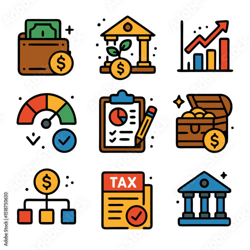 Financial Icon Collection: A vibrant, vector-based compilation of essential financial symbols, meticulously designed to represent key concepts in the realm of economics, banking, and investment.