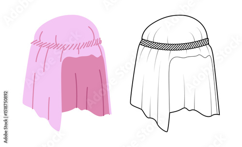 Keffiyeh Hat with band. Muslim Head Scarf Fashion accessory cap clothing technical illustration. Vector headgear for Men, women, unisex style, flat template CAD mockup sketch outline isolated