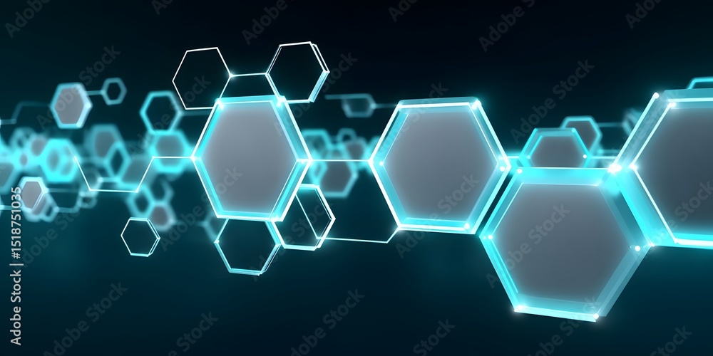Fototapeta premium Futuristic hexagonal patterns with glowing edges against a dark background. Ideal for themes related to innovation, science, and modern technology concepts.