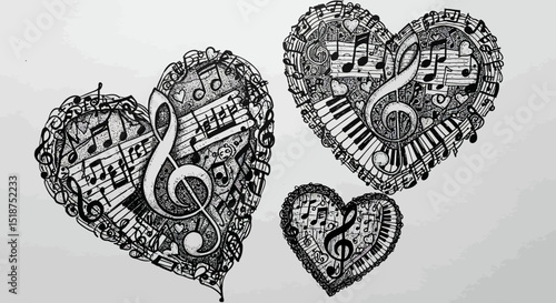 Three Musical Hearts Intricate Ink Drawings of Notes and Clefs