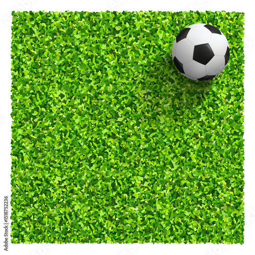 Soccer ball on green grass field. Top views of soccer ball on green grass of soccer field background with green lawn pattern and texture.