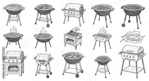 Assortment of Detailed Charcoal and Gas Grills Illustrations