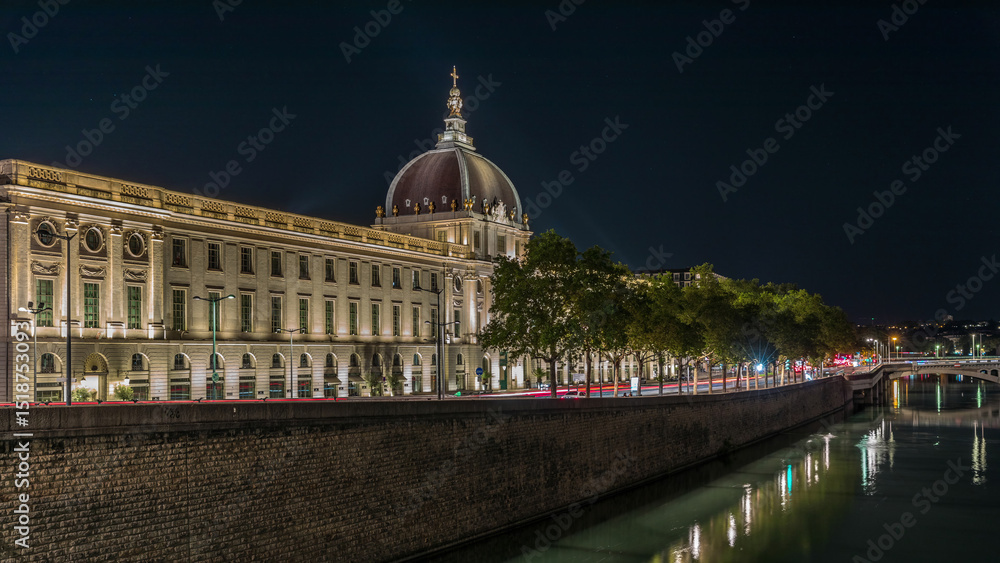 Fototapeta premium The Grand Hotel-Dieu night timelapse hyperlapse in Lyon, France.