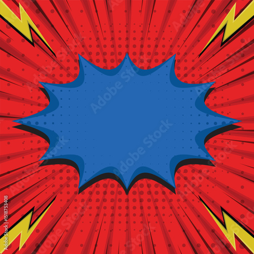 Pop art comic background, retro blank frame radial background with halftone effect vector